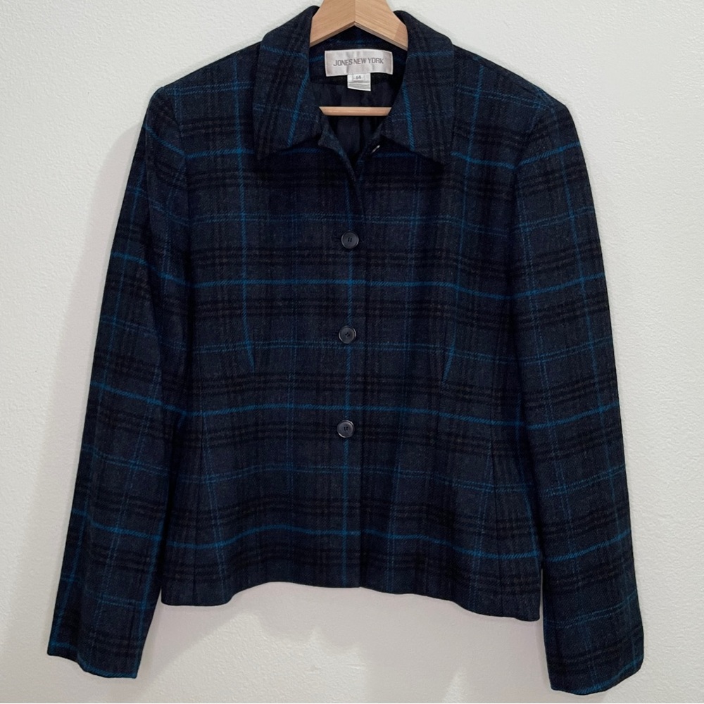 Vintage Rare Jones New York Pure New Wool Cashmere Blend Plaid Blazer - Blue